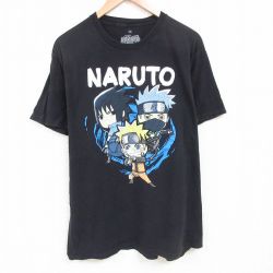 XL★古着 リップルジャンクション 半袖 Tシャツ メンズ アニメ ナルト疾風伝 うずまきナルト うちはサスケ 大きいサイズ コットン クルーネック 黒 ブラック 25jun09 中古