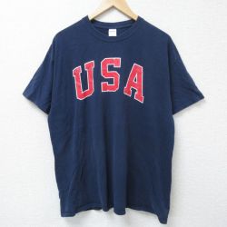 【20%OFF】XL★古着 半袖 Tシャツ メンズ USAロゴ コットン クルーネック 紺 ネイビー 25jun09 中古