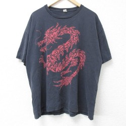 XL★古着 半袖 Tシャツ メンズ ドラゴン コットン クルーネック 黒 ブラック 25jun10 中古