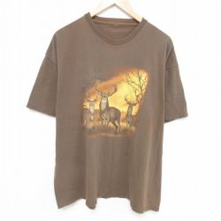 XL★古着 半袖 Tシャツ メンズ シカ 大きいサイズ クルーネック こげ茶 ブラウン 25jun11 中古