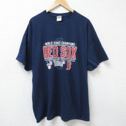 XL★古着 半袖 Tシャツ メンズ MLB ボストンレッドソックス 大きいサイズ コットン クルーネック 紺 ネイビー メジャーリーグ ベースボール 野球 25jun12 中古