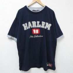 XL★古着 半袖 Tシャツ メンズ HARLEM 大きいサイズ コットン クルーネック 紺 ネイビー 【spe】 25jun12 中古