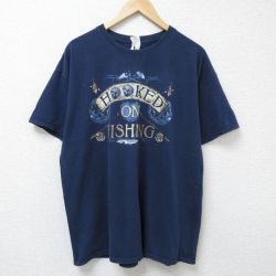 XL★古着 半袖 Tシャツ メンズ フィッシング 大きいサイズ コットン クルーネック 紺 ネイビー 25jun12 中古
