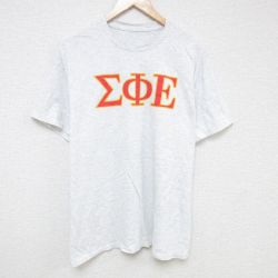 XL★古着 半袖 Tシャツ メンズ ギリシャ文字 大きいサイズ クルーネック 薄グレー 霜降り 25jun13 中古