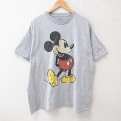 XL★古着 半袖 Tシャツ メンズ ディズニー DISNEY ミッキー MICKEY MOUSE 大きいサイズ クルーネック 薄グレー 霜降り 25jun12 中古