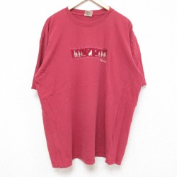 XL★古着 半袖 Tシャツ メンズ 木 刺繍 大きいサイズ コットン クルーネック エンジ 25jun13 中古