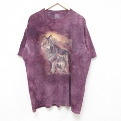XL★古着 半袖 Tシャツ メンズ オオカミ 大きいサイズ コットン クルーネック 紫他 パープル タイダイ 25jun13 中古