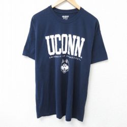 XL★古着 半袖 Tシャツ メンズ UCONN クルーネック 紺 ネイビー 25jun14 中古