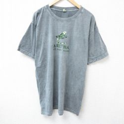 【20%OFF】XL★古着 半袖 Tシャツ メンズ ARUBA 刺繍 ロング丈 コットン クルーネック 濃グレー 霜降り 25jun14 中古