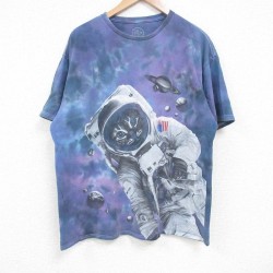 XL★古着 半袖 Tシャツ メンズ ネコ コットン クルーネック 紺他 ネイビー タイダイ 25jun17 中古