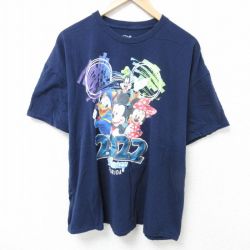 XL★古着 半袖 Tシャツ メンズ 大きいサイズ ディズニー DISNEY ミッキー MICKEY MOUSE ミニー コットン クルーネック 紺 ネイビー 25jun19 中古