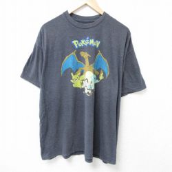 XL★古着 半袖 Tシャツ メンズ アニメ ポケットモンスター ポケモン ニャース 大きいサイズ クルーネック 濃グレー 霜降り 25jun19 中古