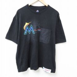 XL★古着 マジェスティック 半袖 Tシャツ メンズ MLB 胸ポケット付き 大きいサイズ コットン クルーネック 黒 ブラック メジャーリーグ ベースボール 野球 25jun19 中古
