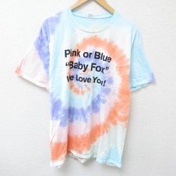 XL★古着 半袖 Tシャツ メンズ メッセージ 大きいサイズ コットン クルーネック 水色他 タイダイ 25jun19 中古