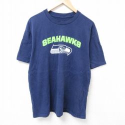 XL★古着 マジェスティック 半袖 Tシャツ メンズ NFL シアトルシーホークス コットン クルーネック 紺 ネイビー アメフト スーパーボウル 25jun19 中古