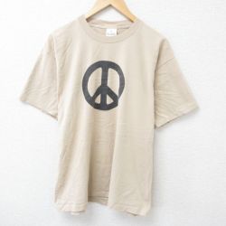 XL★古着 半袖 Tシャツ メンズ ピースマーク コットン クルーネック USA製 ベージュ カーキ 25jun20 中古