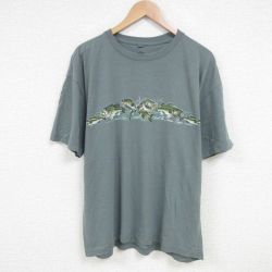 XL★古着 半袖 Tシャツ メンズ 魚 大きいサイズ クルーネック 薄緑 グリーン 霜降り 25jun24 中古