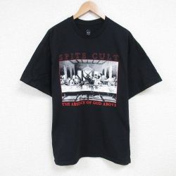 XL★古着 半袖 Tシャツ メンズ PRITE CULT 大きいサイズ コットン クルーネック 黒 ブラック 25jun24 中古