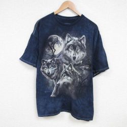 XL★古着 半袖 Tシャツ メンズ オオカミ 大きいサイズ コットン クルーネック 紺 ネイビー タイダイ 25jun24 中古