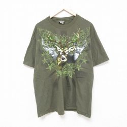 【20%OFF】XL★古着 半袖 Tシャツ メンズ シカ 大きいサイズ コットン クルーネック 緑 グリーン 25jun26 中古