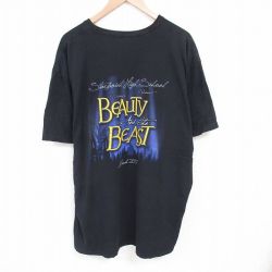 【20%OFF】XL★古着 半袖 Tシャツ メンズ ディズニー DISNEY 美女と野獣 大きいサイズ ロング丈 コットン クルーネック 黒 ブラック 25jun27 中古