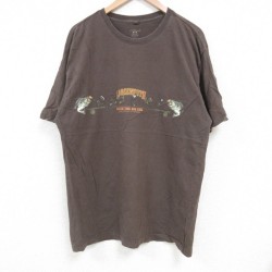 L★古着 半袖 Tシャツ メンズ 魚 コットン クルーネック 茶 ブラウン 25jun27 中古