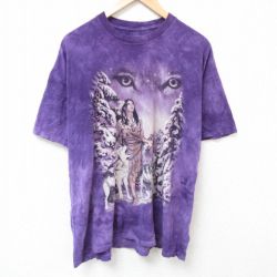 XL★古着 半袖 Tシャツ メンズ インディアン 女性 大きいサイズ コットン クルーネック 紫他 パープル タイダイ 25jun28 中古
