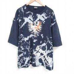 XL★古着 半袖 Tシャツ メンズ 鳥 大きいサイズ コットン クルーネック 紺 ネイビー 25jun28 中古