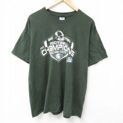 【20%OFF】XL★古着 半袖 Tシャツ メンズ フットボール 大きいサイズ コットン クルーネック 濃緑 グリーン 25jul02 中古