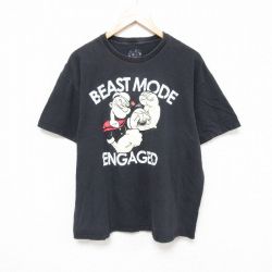 XL★古着 半袖 Tシャツ メンズ ポパイ コットン クルーネック 黒 ブラック 25jul03 中古