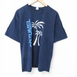 XL★古着 半袖 Tシャツ メンズ ヤシの木 大きいサイズ コットン クルーネック 紺 ネイビー 25jul03 中古