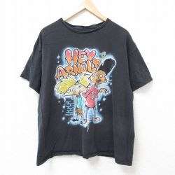 XL★古着 半袖 Tシャツ メンズ アニメ ニコロデオン ヘイアーノルド 大きいサイズ コットン クルーネック 黒 ブラック 25jul04 中古