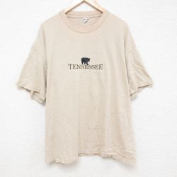 【20%OFF】XL★古着 半袖 Tシャツ メンズ クマ 刺繍 大きいサイズ コットン クルーネック 薄ベージュ カーキ 25jul07 中古