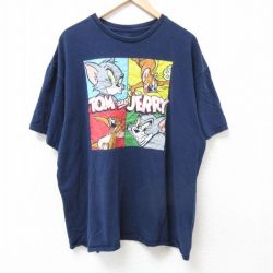 XL★古着 半袖 Tシャツ メンズ アニメ トムとジェリー 大きいサイズ コットン クルーネック 紺 ネイビー 【spe】 25jul05 中古