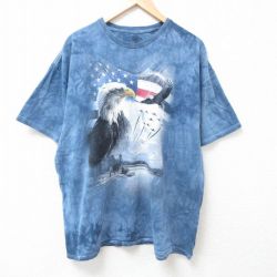 XL★古着 半袖 Tシャツ メンズ 鳥 大きいサイズ コットン クルーネック 薄紺他 ネイビー タイダイ 25jul05 中古