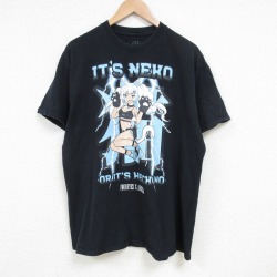 XL★古着 半袖 Tシャツ メンズ 猫 コットン クルーネック 黒 ブラック 25jul05 中古