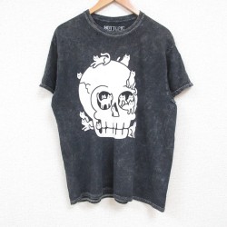 L★古着 半袖 Tシャツ メンズ スカル コットン クルーネック 黒 ブラック 25jul14 中古