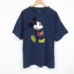 XL★古着 半袖 Tシャツ メンズ ディズニー DISNEY ミッキー MICKEY MOUSE 大きいサイズ コットン クルーネック 紺 ネイビー 25jul09 中古