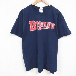 XL★古着 半袖 Tシャツ メンズ BISONS 大きいサイズ コットン クルーネック 紺 ネイビー 25jul09 中古