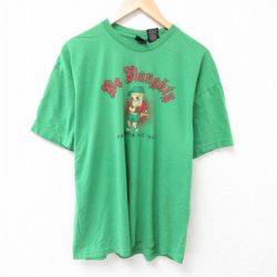 XL★古着 半袖 Tシャツ メンズ 子供 コットン クルーネック 緑 グリーン 25jul12 中古