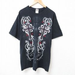 【50%OFF】XL★古着 半袖 Tシャツ メンズ 十字架 コットン クルーネック 黒 ブラック 25jul12 中古