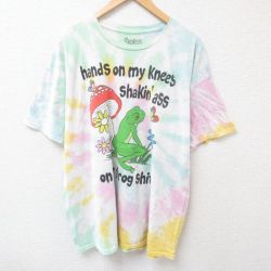 XL★古着 半袖 Tシャツ メンズ カエル キノコ 大きいサイズ コットン クルーネック 白他 ホワイト タイダイ 25jul12 中古