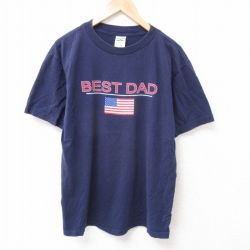 L★古着 半袖 Tシャツ メンズ 星条旗 コットン クルーネック 紺 ネイビー 25jul12 中古