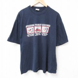 XL★古着 半袖 Tシャツ メンズ スピード違反 大きいサイズ コットン クルーネック 紺 ネイビー 25jul12 中古