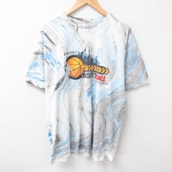 【20%OFF】XL★古着 ヘインズ Hanes 半袖 Tシャツ メンズ バスケットボール コットン クルーネック 水色他 タイダイ 25jul15 中古