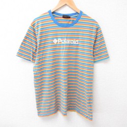 XL★古着 半袖 Tシャツ メンズ ポラロイド 刺繍 コットン クルーネック 水色他 ボーダー 25jul15 中古