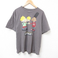 XL★古着 半袖 Tシャツ メンズ アニメ ニコロデオン ヘイアーノルド コットン クルーネック 濃グレー 25jul15 中古