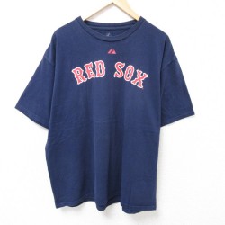XL★古着 マジェスティック 半袖 Tシャツ メンズ MLB ボストンレッドソックス 大きいサイズ コットン クルーネック 紺 ネイビー メジャーリーグ ベースボール 野球 25jul17 中古