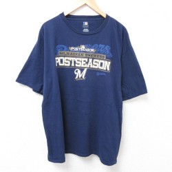 XL★古着 半袖 Tシャツ メンズ MLB ミルウォーキーブルワーズ 大きいサイズ コットン クルーネック 紺 ネイビー メジャーリーグ ベースボール 野球 25jul17 中古