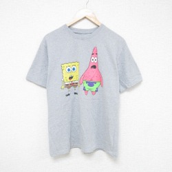 L★古着 半袖 Tシャツ メンズ アニメ ニコロデン スポンジボブ クルーネック グレー 霜降り 25jul17 中古